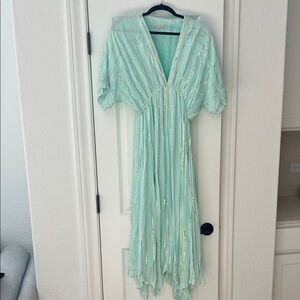 Vici light blue / green V-Neck Maxi Dress with Gold Trim